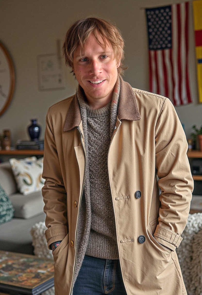 Relaxing at home with my two sweaters and a trench coat.